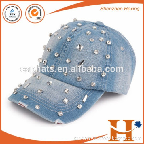 2016 China factory wholesale custom jeans material rhinestone baseball cap hot sexy rivet girls hats